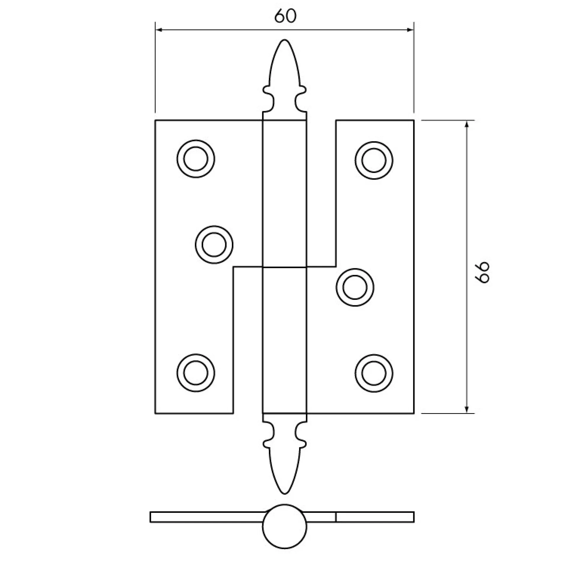 Gångjärn ekollon 66x60 mm höger - obehandlad