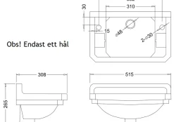 Tvättställ Edwardian 510 mm 1 hål höger