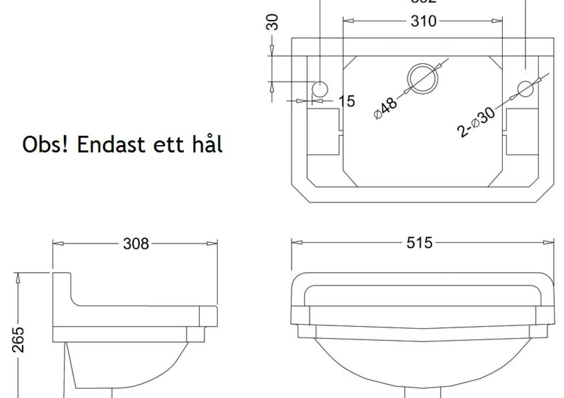 Tvättställ Edwardian 510 mm 1 hål höger
