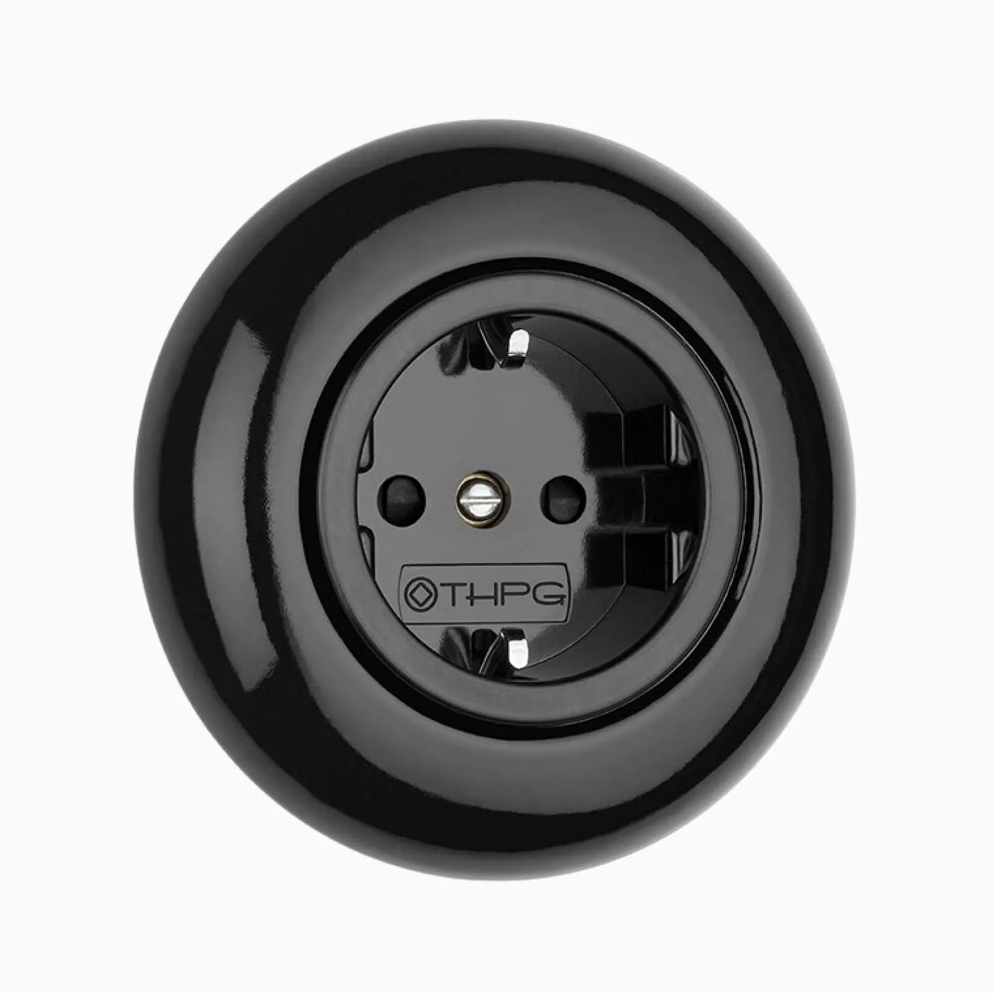 Vägguttag jordat svart porslin med ring